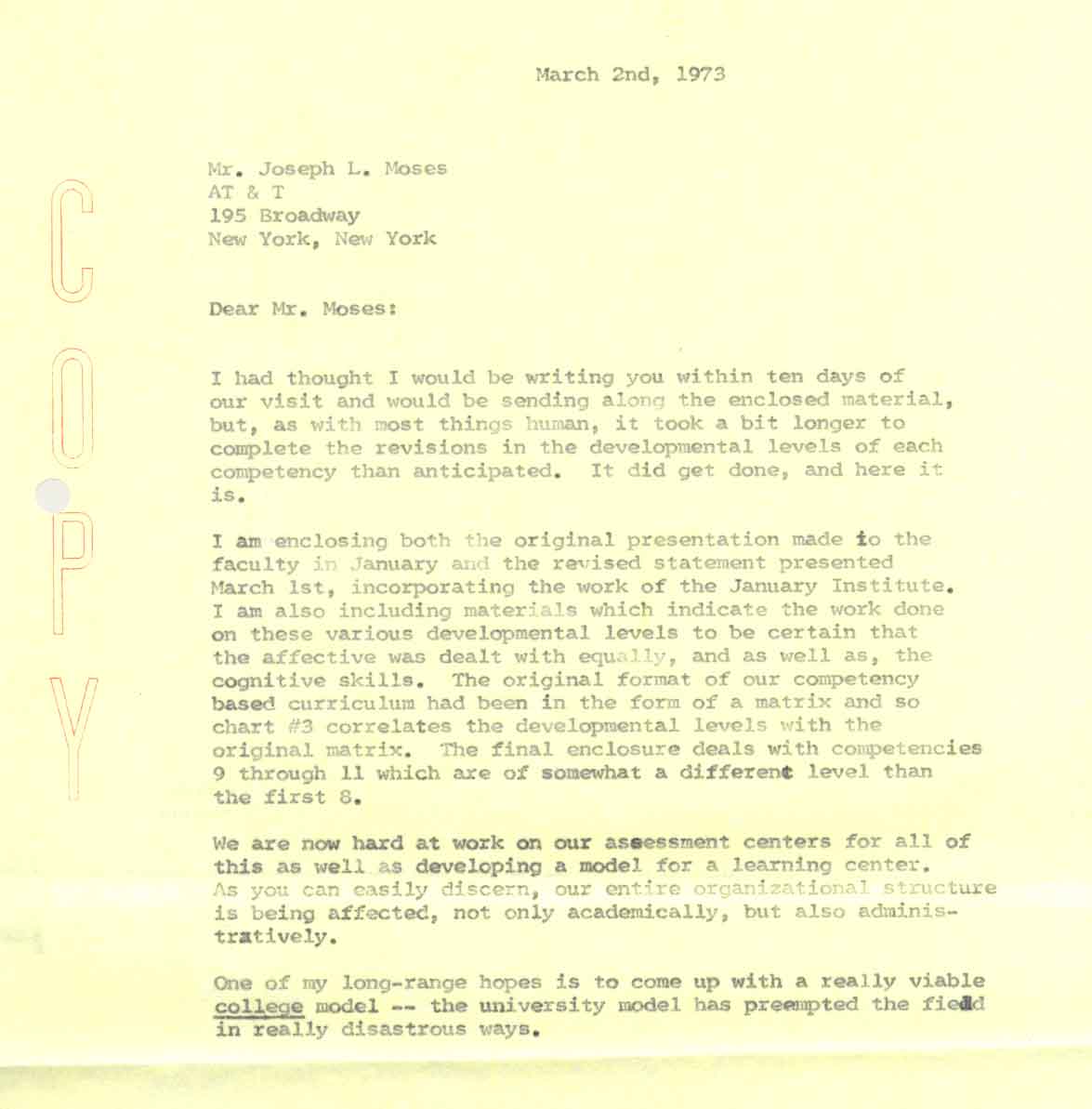 Letter about assessment from Sr. Joel Read to an AT&T employee in 1973, p1