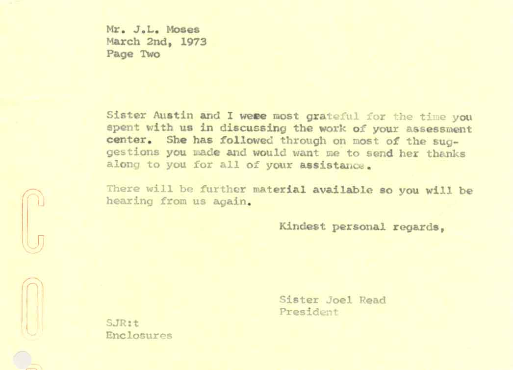 A letter about assessment from Sr. Joel Read to an AT&T employee in 1973, p2