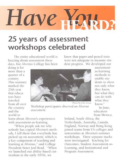 "25 years of assessment workshops celebrated" Alverno Today, octobeer 2001