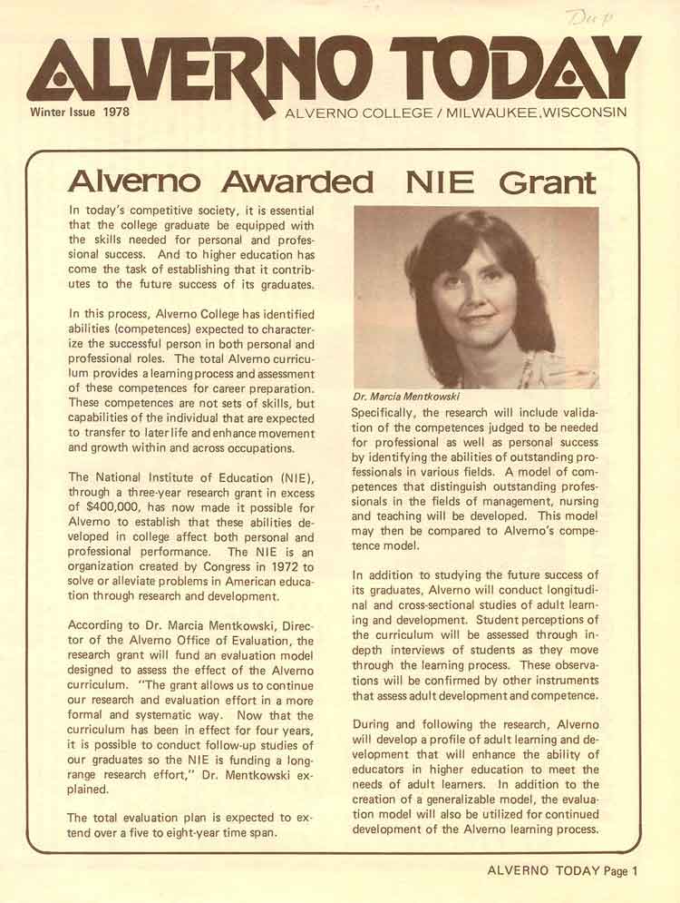 This  article, featured in the 1978 winter issue of Alverno Today, highlights the  research grant and work of the Office of Evaluation, now known as the ERE.