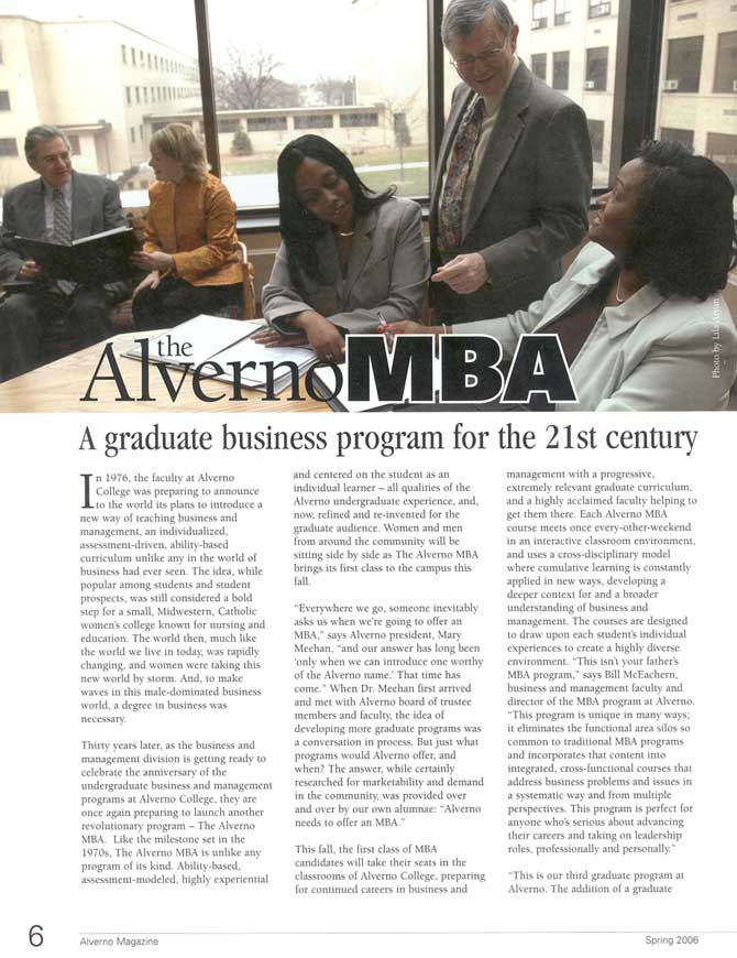 Image of article on Alverno's New MBA from the Spring 2006 issue of "Alverno Magazine"