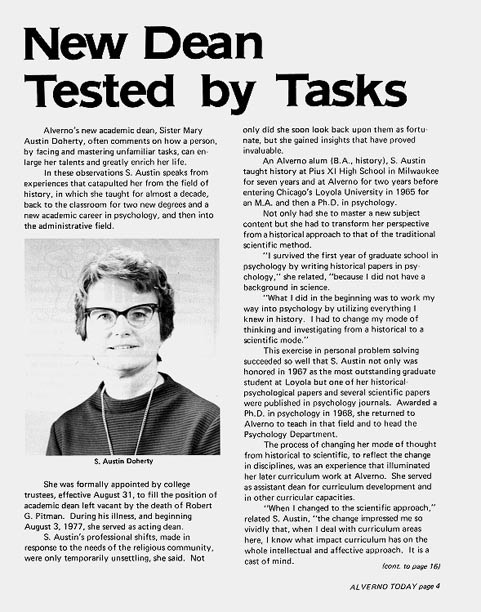 Image of  "Alverno Today" article: "New Dean Tested by Tasks" 