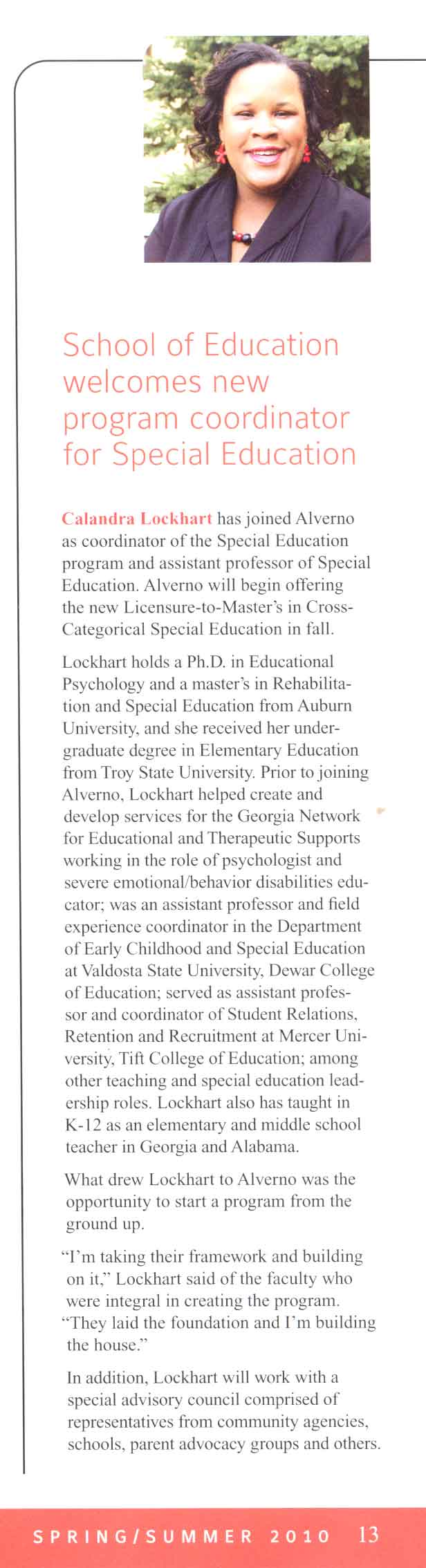 Article about Alverno's Special Education Program and Calandra Lockhart