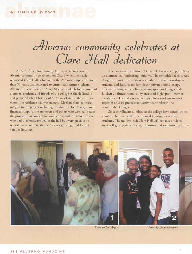 Clare Dedication Ceremony described in the Winter 2009 issue of Alverno Magazine.