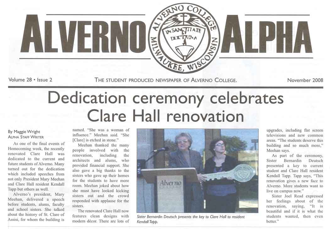 Article from the November 2008 issue of Alpha (the student newspaper) describing Clare dedication festivities on October 4.
