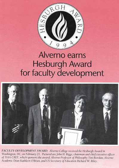 Image of March 1994 "Alverno Today" article on Alverno's Receipt of the Hesburgh Award