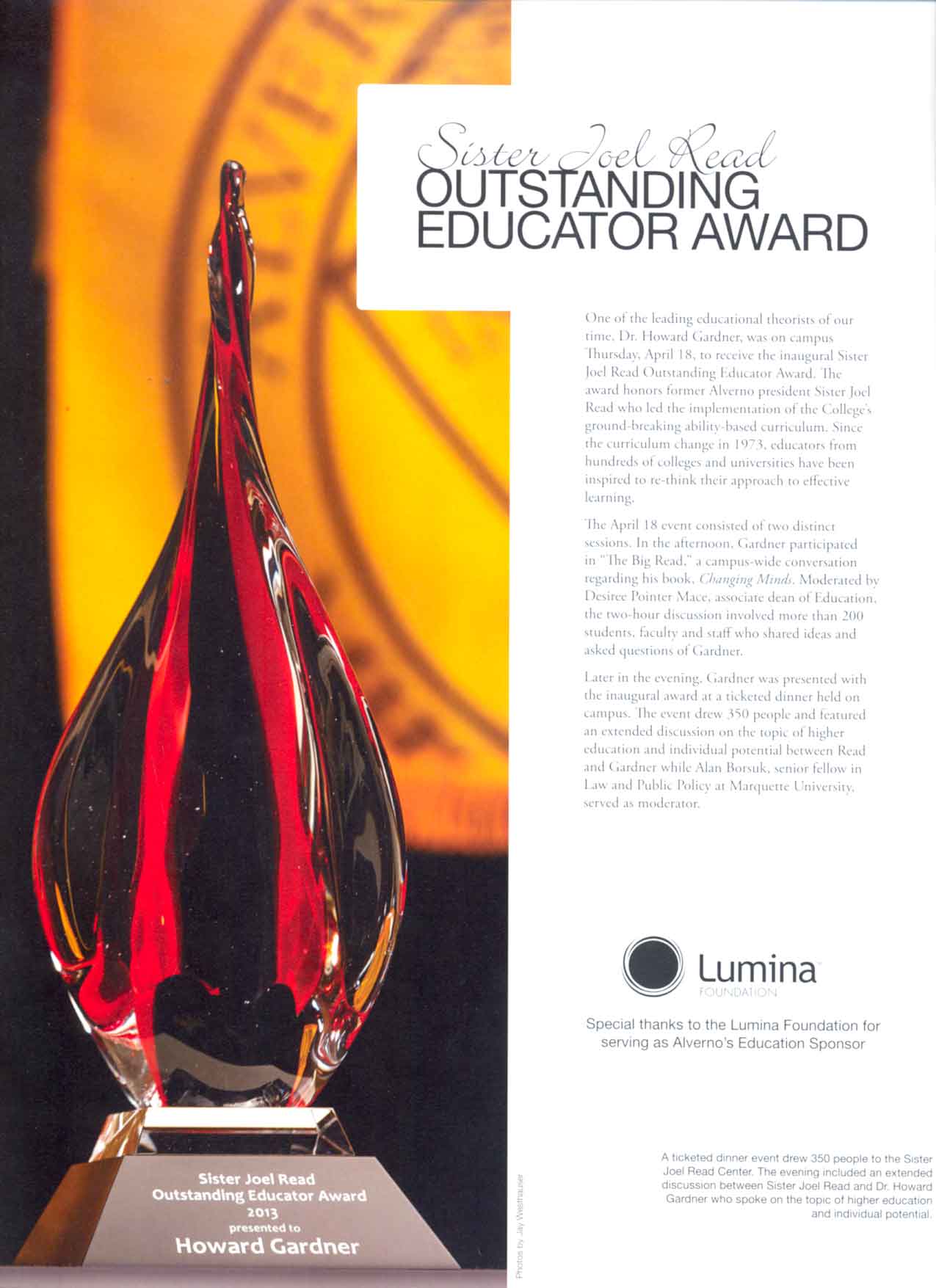 Sister Joel REad Outstanding Educator Award article from Fall 2013 issue Alverno Magazine p.4