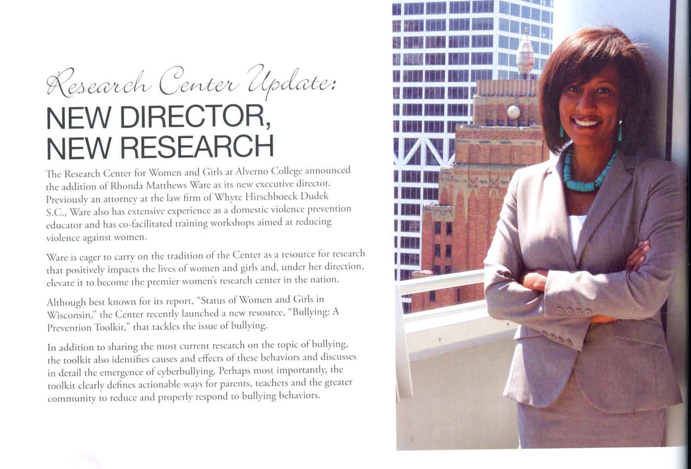 Rhonda Matthews Ware appointed Executive Director of alverno's Rsearch Center for Women and Girls; Spring 2012 Alverno Magazine article.