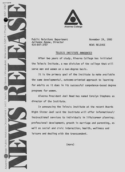 Image of November 24, 1980 Press Release announcing Creation of Alverno Telesis Institute