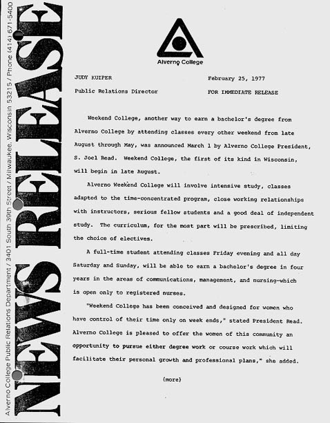 Image of February 25, 1977 Press Release Announcing  the Creation of Weekend College