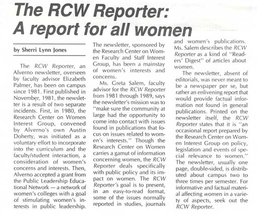 December 1991 Alpha Article Describing the RCW Reporter