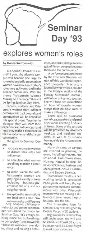 Alpha Article from March 1993 About "Wisconsin Women Making A Difference" Seminar Day