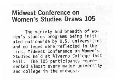Brief Article on Midwest Conference of Women's Studies from Alverno Today, Spring 1972
