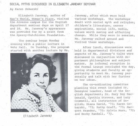 Alverno Campus News, April 21, 1972 Article on Elizabeth Janeway Lectures