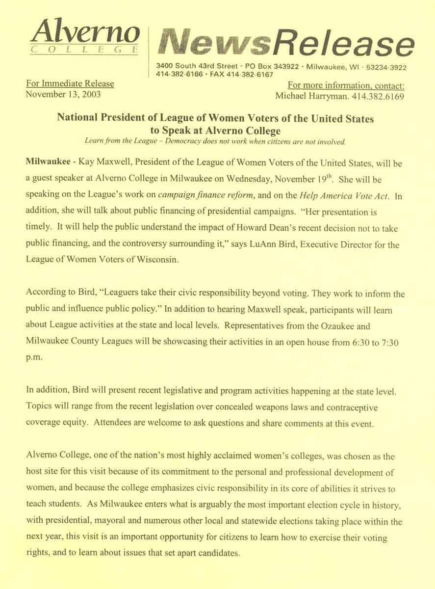 Press release announcing Kay Mxwell's speech at Alverno