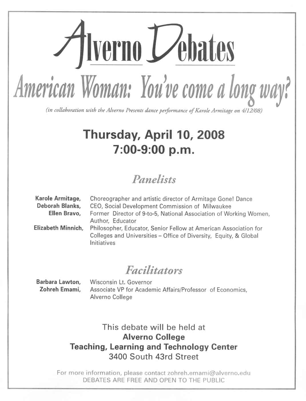 "Alverno Debates" flyer from April 2008
