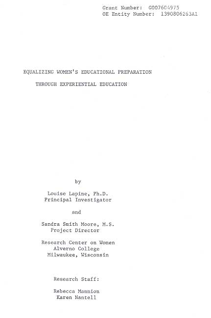 Women's Educational Equity Act Grant to Study Alverno's OCEL Program Final Report--Cover Page 