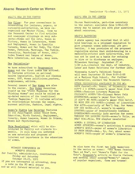 First RCW Newsletter from September 1971