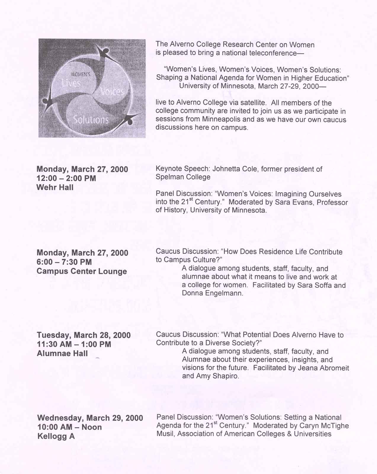 Flyer announcing the National Teleconference on Women in Higher Education, march 2000