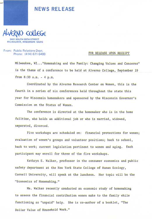Alverno Press Release Announcing "homemaking and the Family" Conference