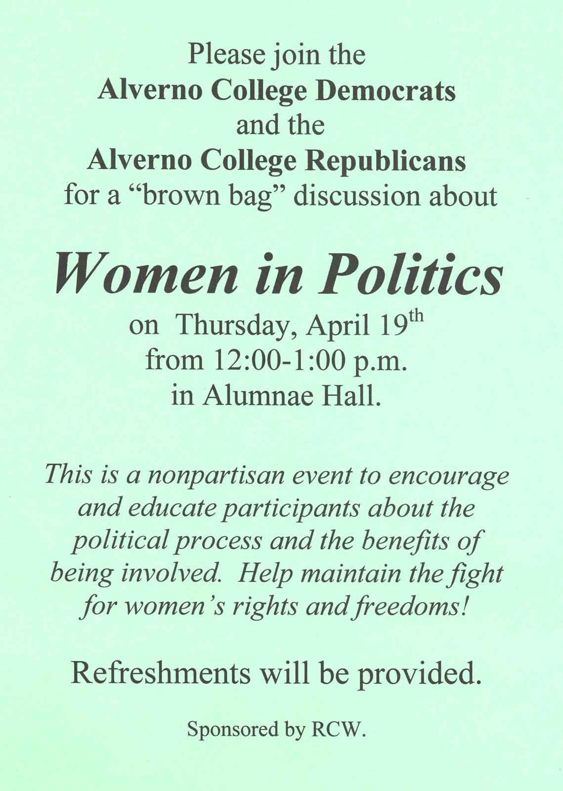 "Women in Politics" flyer for an RCw-sponsored brown bag session.
