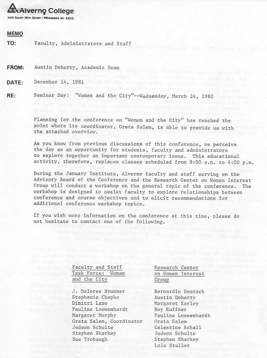 A Memo from then Academic Dean, Sr. Austin Doherty, Announcing "Women and the City" Seminar Day to College Faculty and Staff