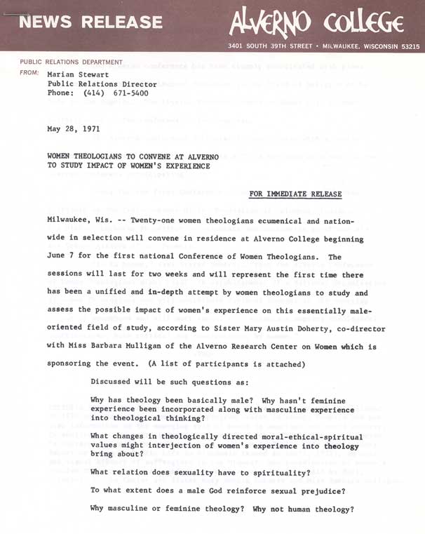 Conference of Women Theologians Alverno Press Release, May 28, 1971,  Page 1