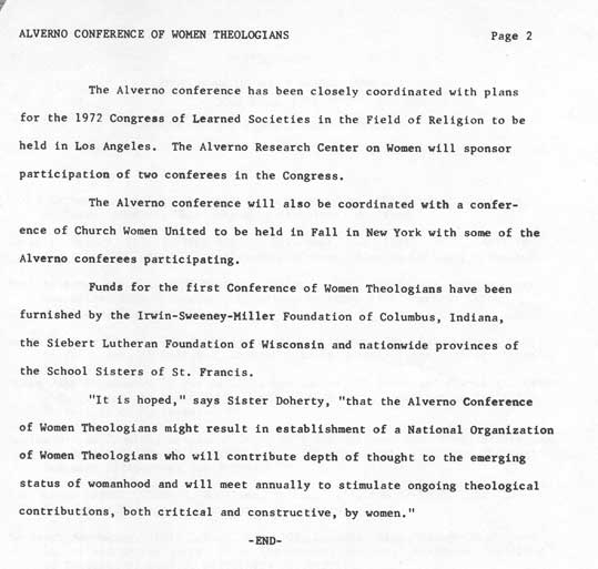 Conference of Women Theologians Alverno Press Release, May 28, 1971 , Page 2